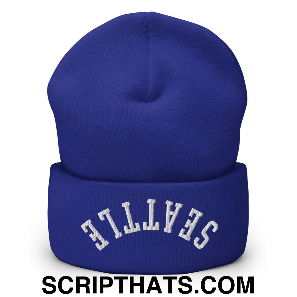 Upside Down Seattle Embroidered Cuffed Knit Beanie Royal