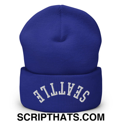 Upside Down Seattle Embroidered Cuffed Knit Beanie Royal