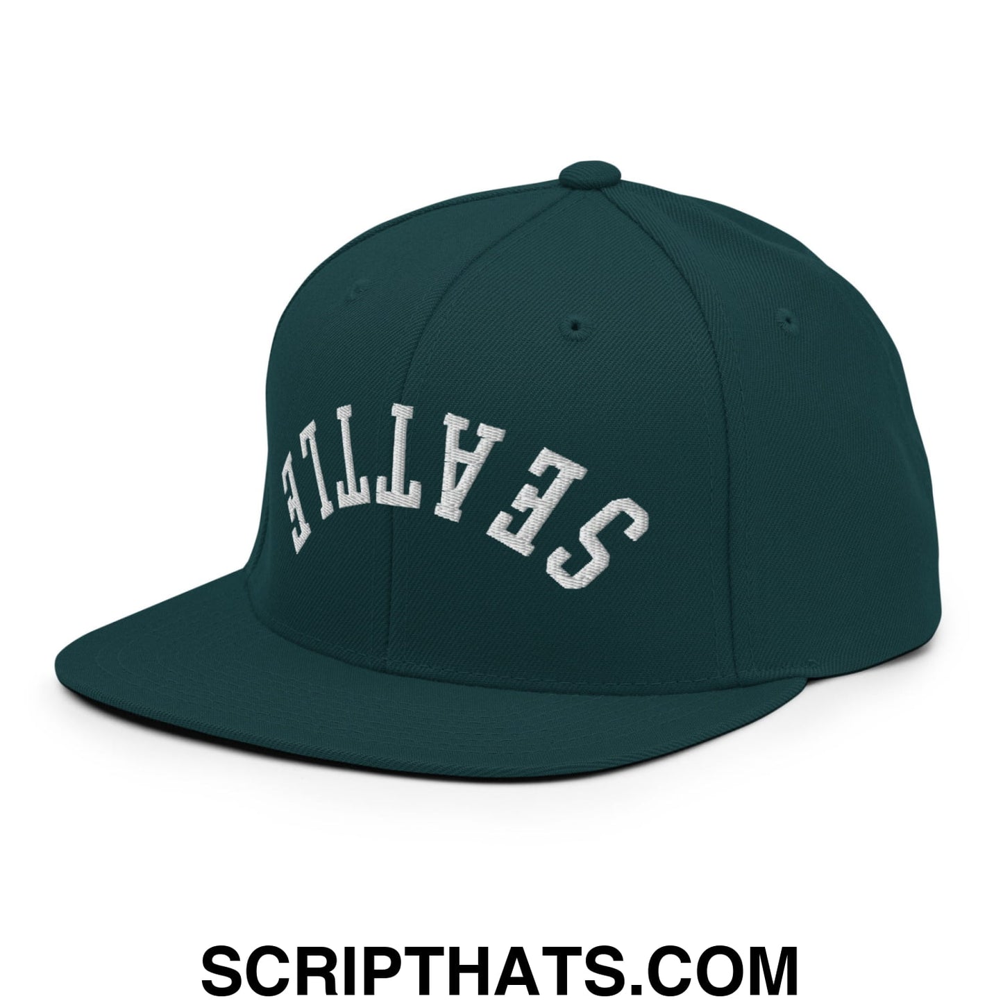 Upside Down Seattle Embroidered Flat Bill Brim Snapback Hat Spruce