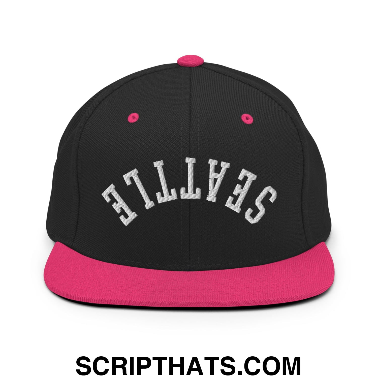 Upside Down Seattle Embroidered Flat Bill Brim Snapback Hat Black Neon Pink