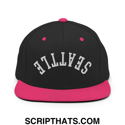 Upside Down Seattle Embroidered Flat Bill Brim Snapback Hat Black Neon Pink