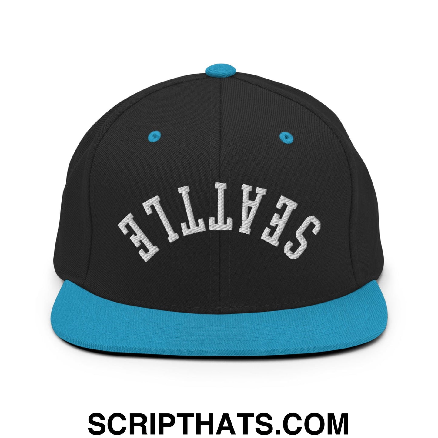 Upside Down Seattle Embroidered Flat Bill Brim Snapback Hat Black Teal