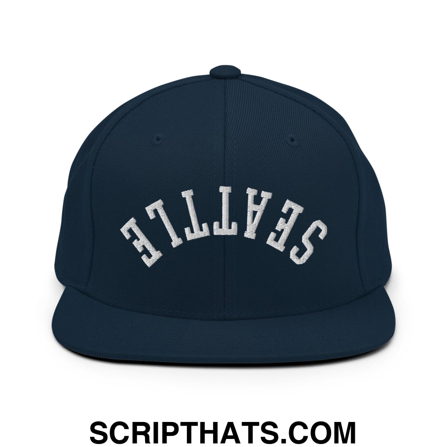 Upside Down Seattle Embroidered Flat Bill Brim Snapback Hat Dark Navy