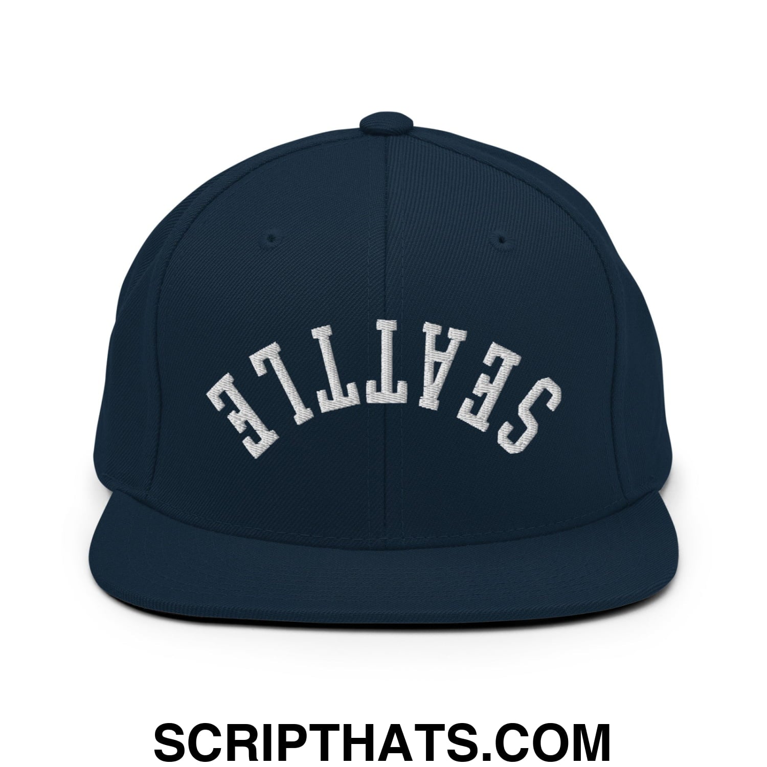 Upside Down Seattle Embroidered Flat Bill Brim Snapback Hat Dark Navy