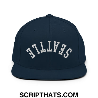 Upside Down Seattle Embroidered Flat Bill Brim Snapback Hat Dark Navy