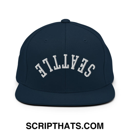 Upside Down Seattle Embroidered Flat Bill Brim Snapback Hat Dark Navy