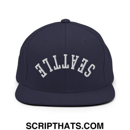 Upside Down Seattle Embroidered Flat Bill Brim Snapback Hat Navy
