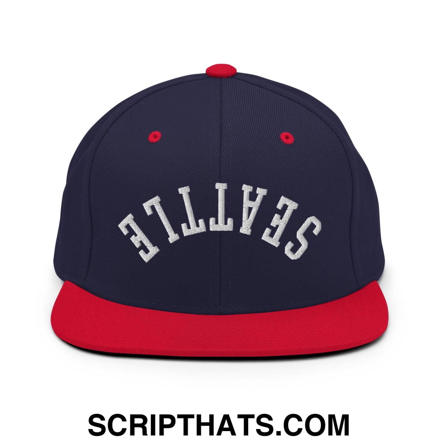 Upside Down Seattle Embroidered Flat Bill Brim Snapback Hat Navy Red