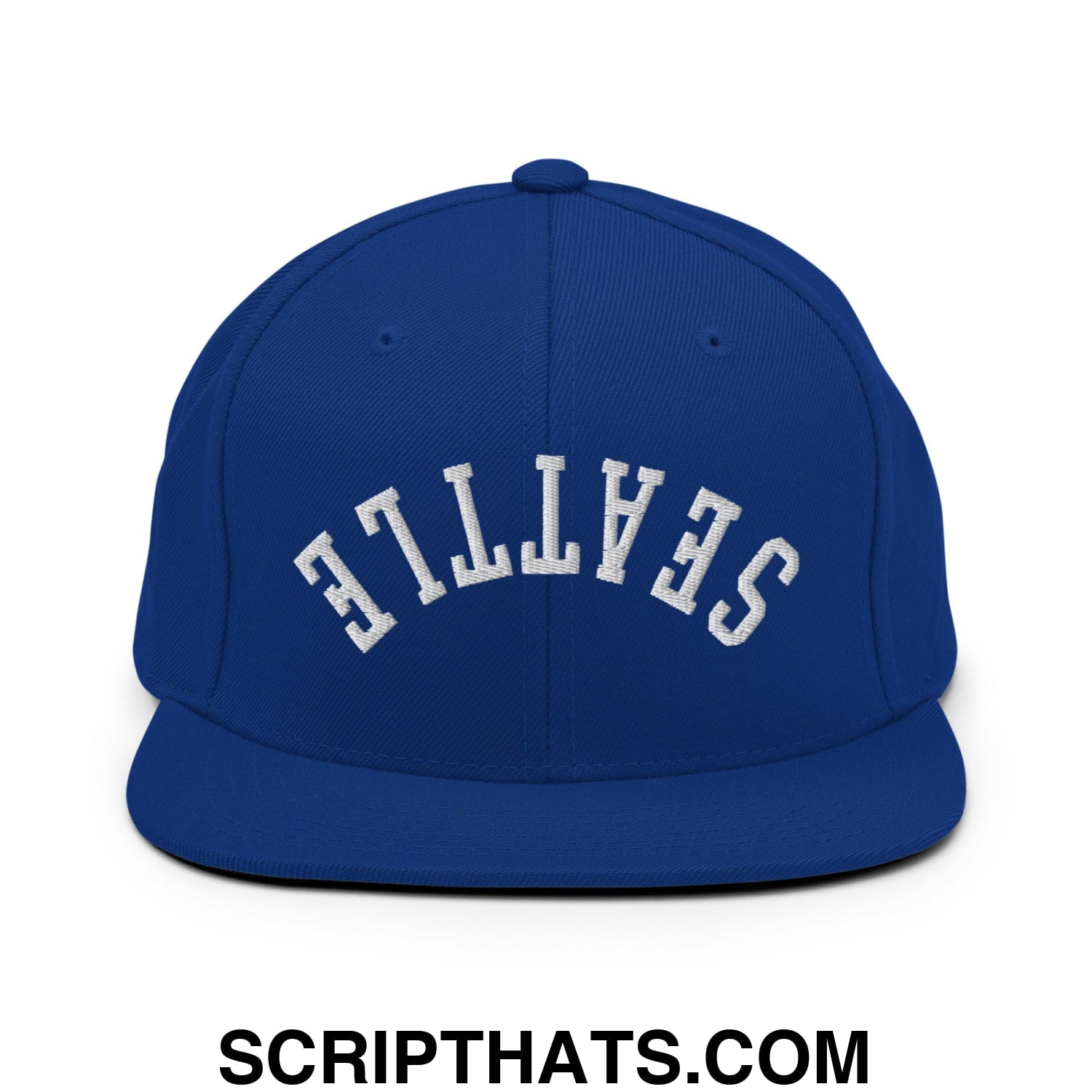 Upside Down Seattle Embroidered Flat Bill Brim Snapback Hat Royal Blue