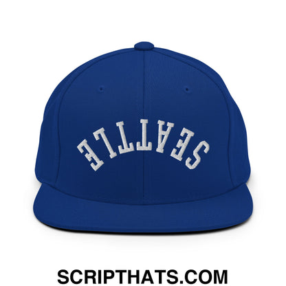 Upside Down Seattle Embroidered Flat Bill Brim Snapback Hat Royal Blue
