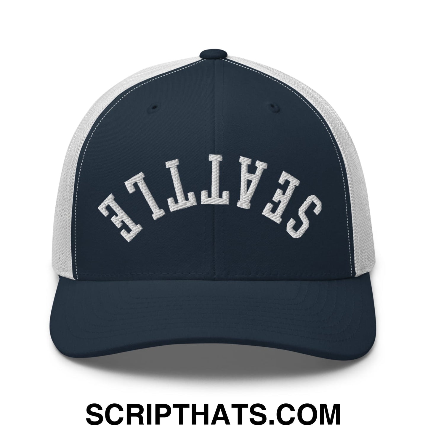 Upside Down Seattle Embroidered Mesh Trucker Hat Navy White