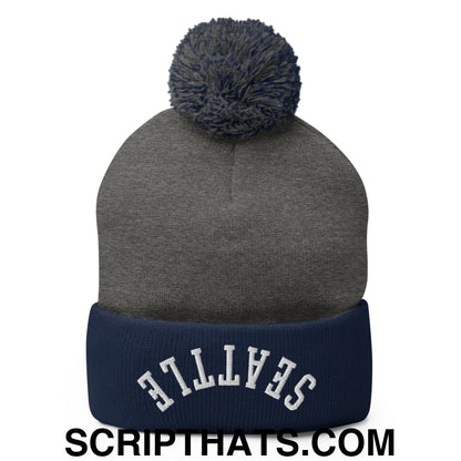 Upside Down Seattle Embroidered Pom Pom Knit Beanie Dark Heather Grey Navy