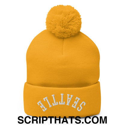 Upside Down Seattle Embroidered Pom Pom Knit Beanie Gold