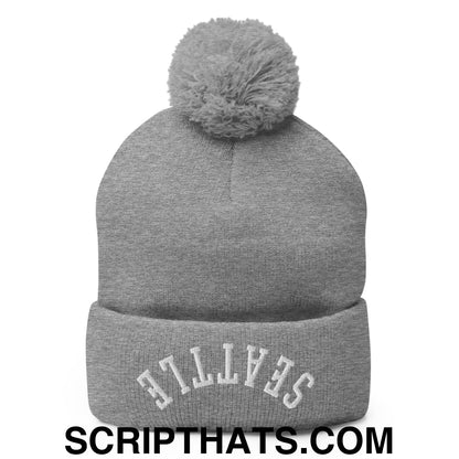 Upside Down Seattle Embroidered Pom Pom Knit Beanie Heather Grey