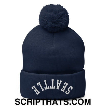 Upside Down Seattle Embroidered Pom Pom Knit Beanie Navy