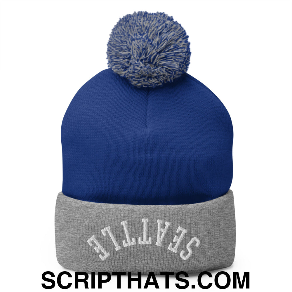 Upside Down Seattle Embroidered Pom Pom Knit Beanie Royal Heather Grey