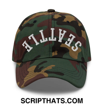 Upside Down Seattle Embroidered Unstructured Dad Hat Green Camo