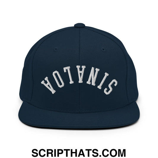Navy blue snapback cap with white embroidered hotanis lettering and flat bill brim for casual style wear