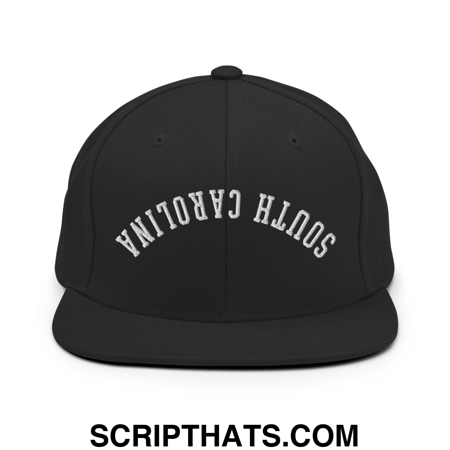 Black snapback cap with white embroidered south carolina text in an arched design and flat bill brim