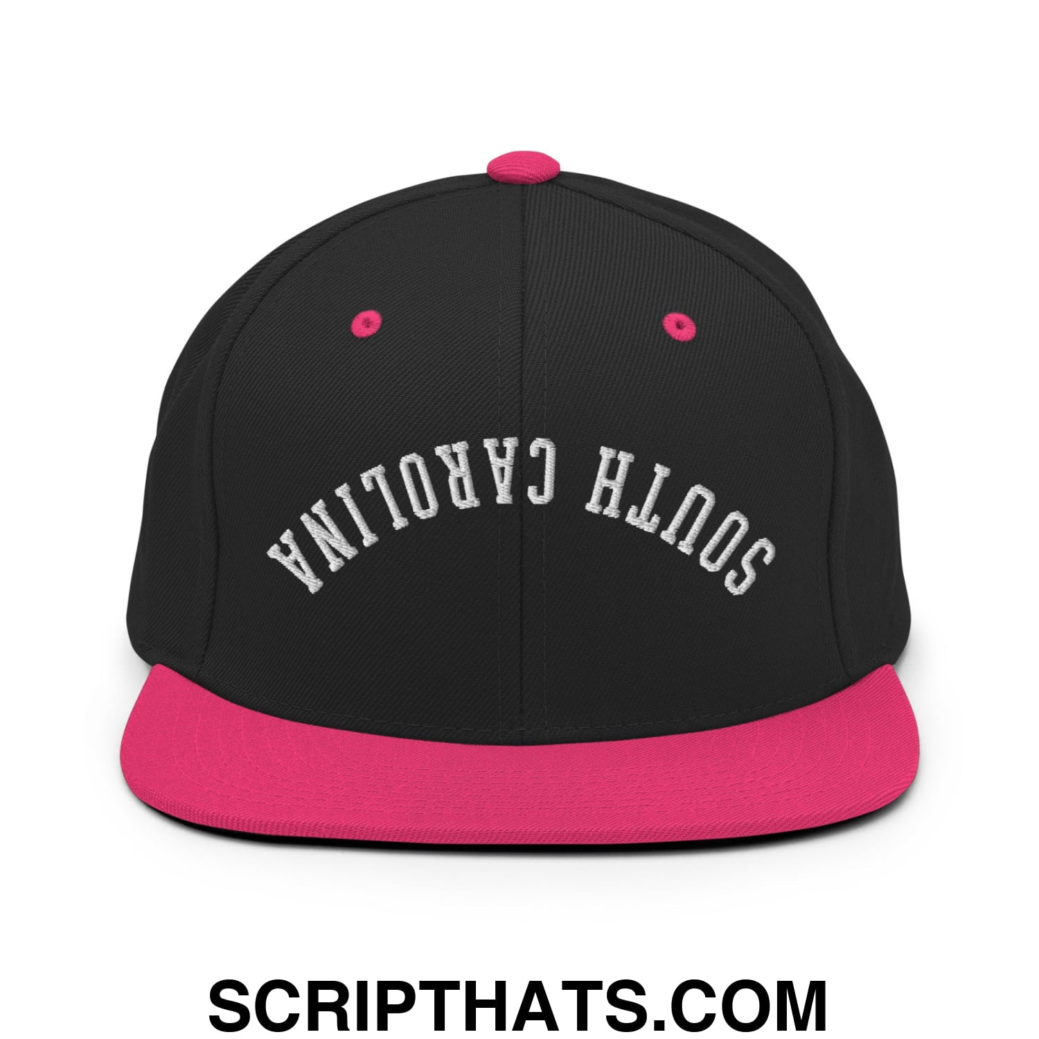 Black snapback cap with vibrant pink brim and button featuring white upside down south carolina embroidery