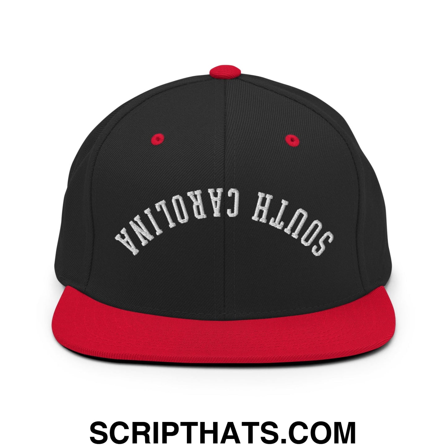 Black and red snapback hat with upside down south carolina embroidery and flat bill brim design