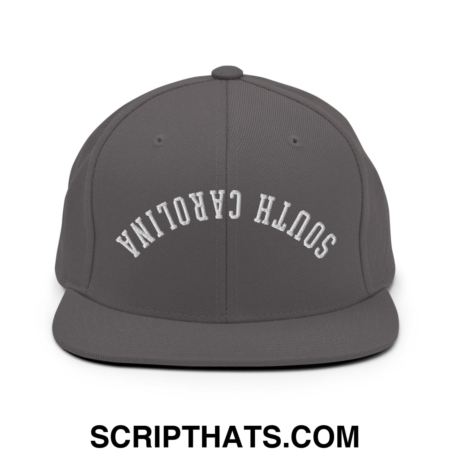 A dark gray flat bill snapback hat with white south carolina embroidery on the front panel