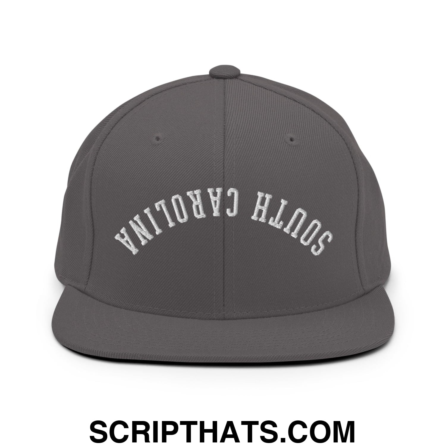 A dark gray flat bill snapback hat with white south carolina embroidery on the front panel