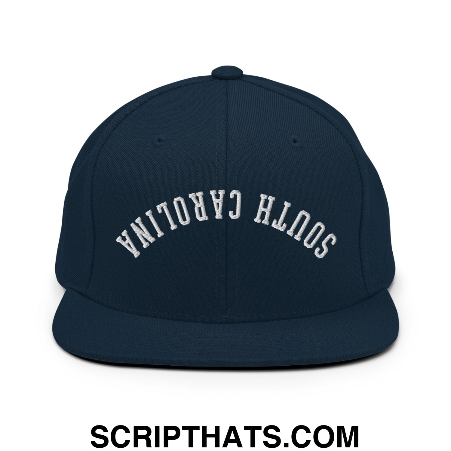 Navy blue flat bill brim snapback hat with white embroidered south carolina lettering in an arched design