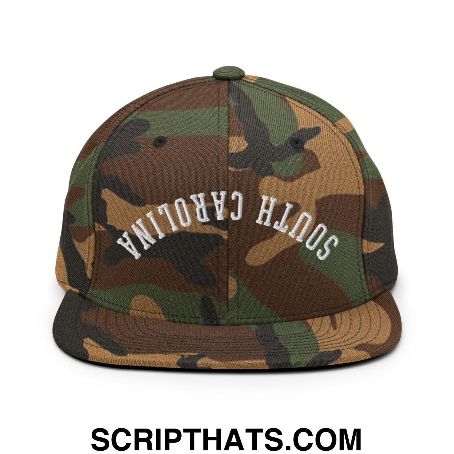 A camouflage-patterned snapback hat with upside down south carolina white embroidered flat bill brim design