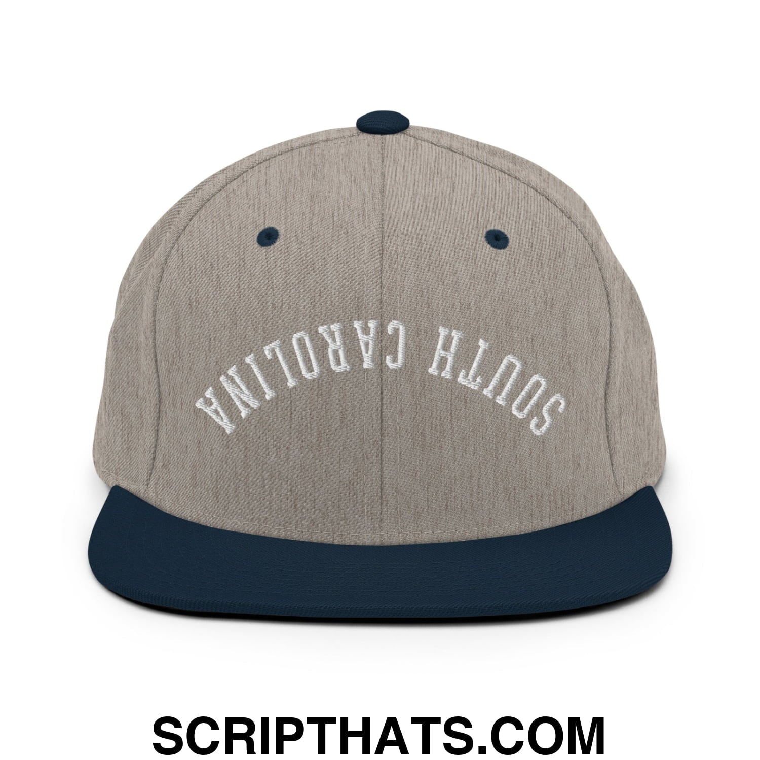 Beige and navy blue flat bill snapback hat with south carolina embroidered in white on front panel