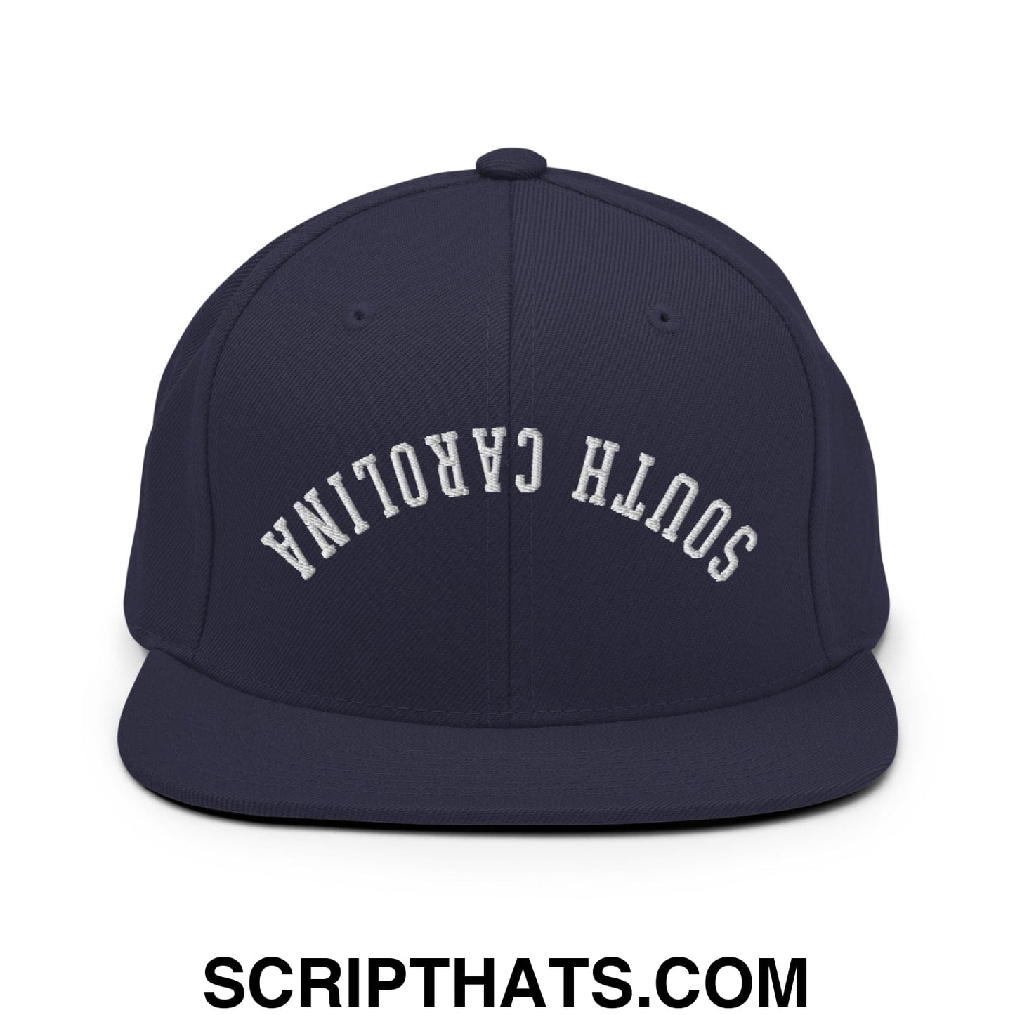 Navy blue snapback hat with white embroidered south carolina arch and flat bill brim design