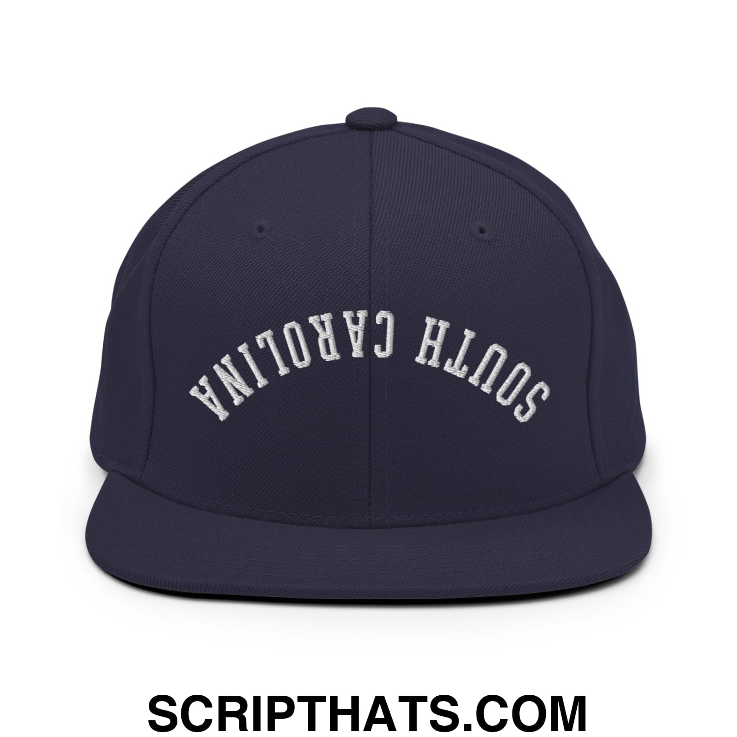 Navy blue snapback hat with white embroidered south carolina arch and flat bill brim design