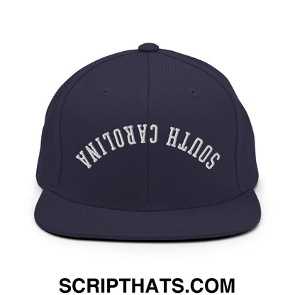 Navy blue snapback hat with white embroidered south carolina arch and flat bill brim design