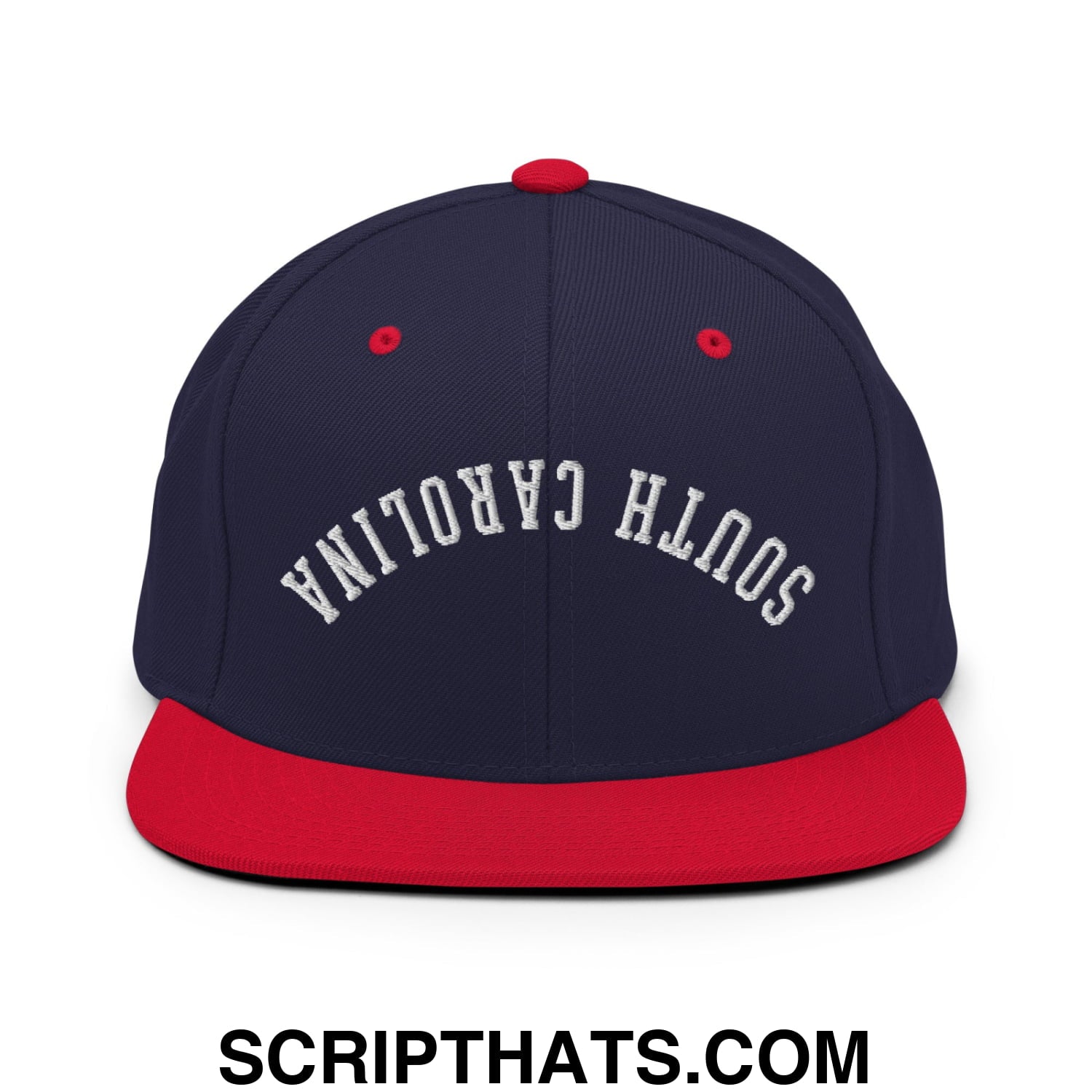 Navy blue and red snapback hat with south carolina embroidered in white arched lettering on flat bill brim