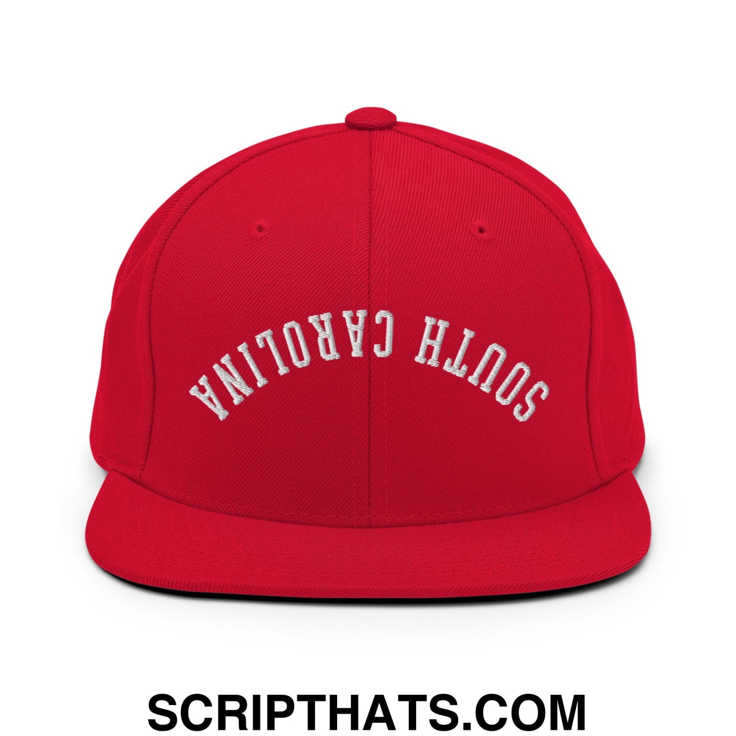 Red snapback cap with white embroidered south carolina text in an arched design and flat bill brim