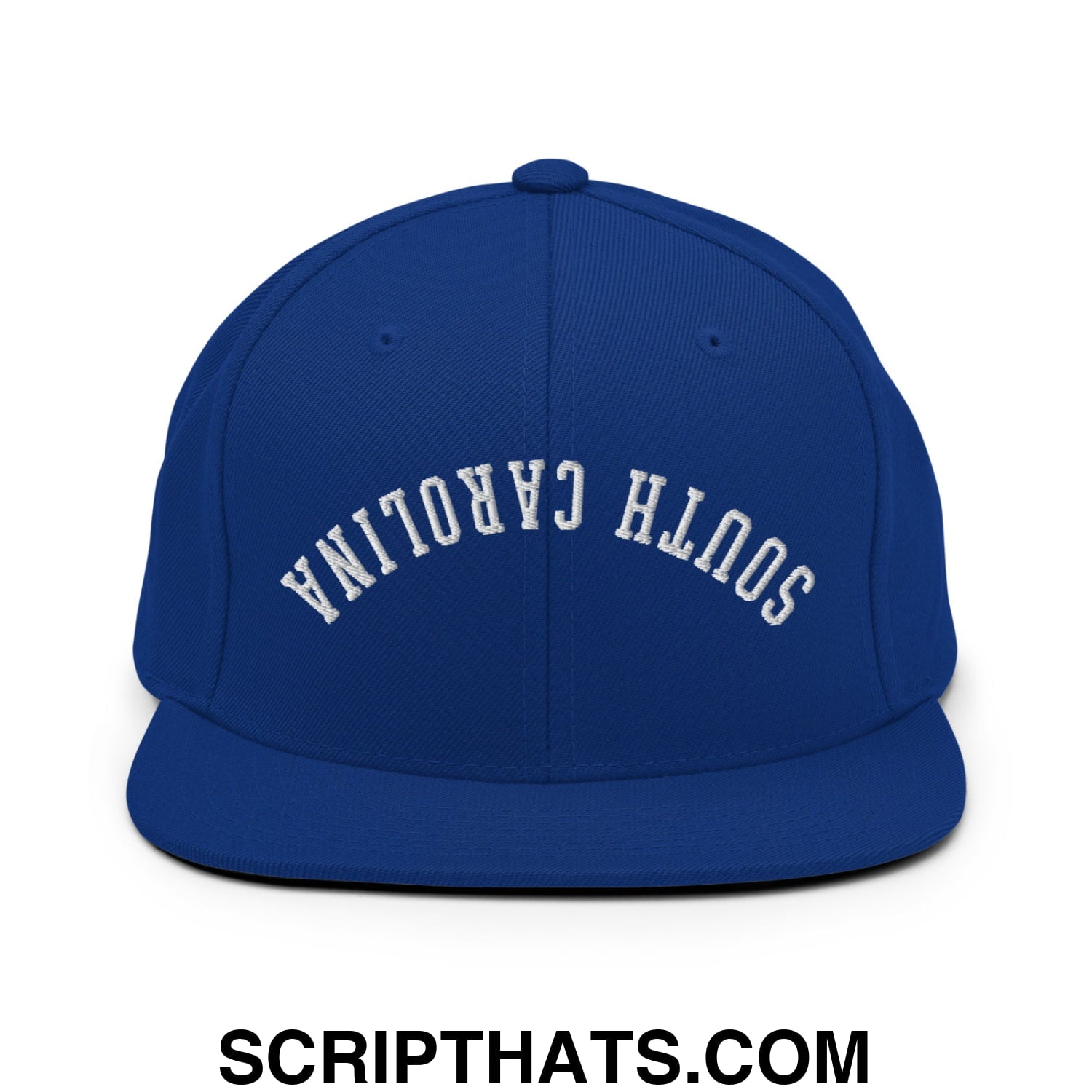 Royal blue snapback hat with white embroidered south Carolina lettering and flat bill brim design