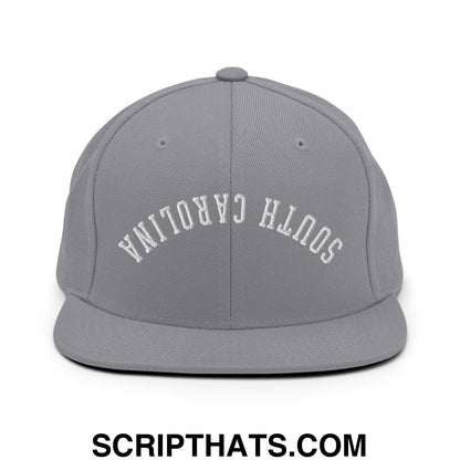 Gray snapback hat with white embroidered south carolina arched lettering and flat bill brim