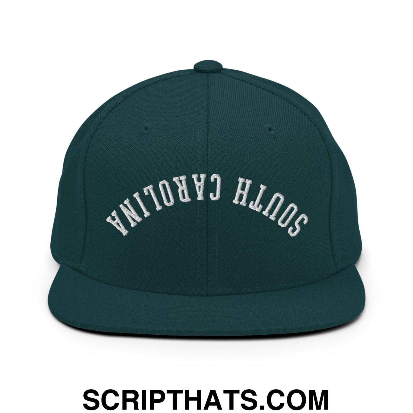 Dark green snapback hat with white embroidered south carolina lettering and flat bill brim design