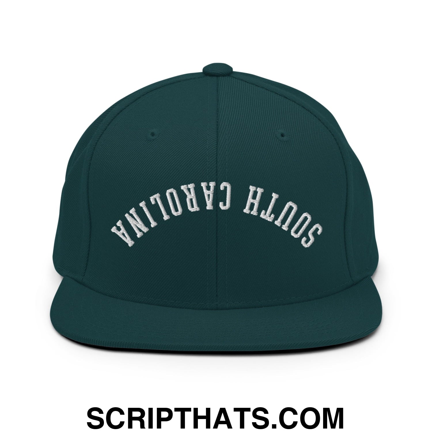 Dark green snapback hat with white embroidered south carolina lettering and flat bill brim design