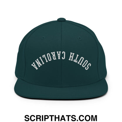 Dark green snapback hat with white embroidered south carolina lettering and flat bill brim design