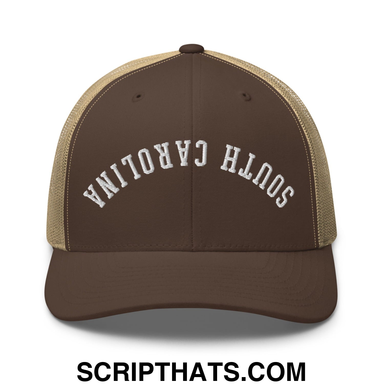 Brown and tan mesh trucker hat with south carolina embroidered in white arched lettering on the front