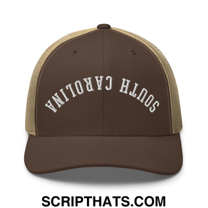 Brown and tan mesh trucker hat with south carolina embroidered in white arched lettering on the front