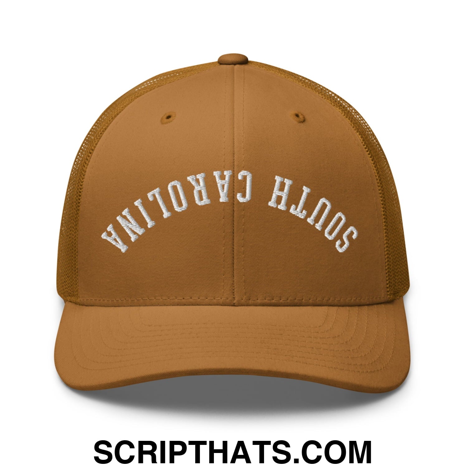Tan mesh trucker hat with white embroidered south carolina lettering front in upside down design