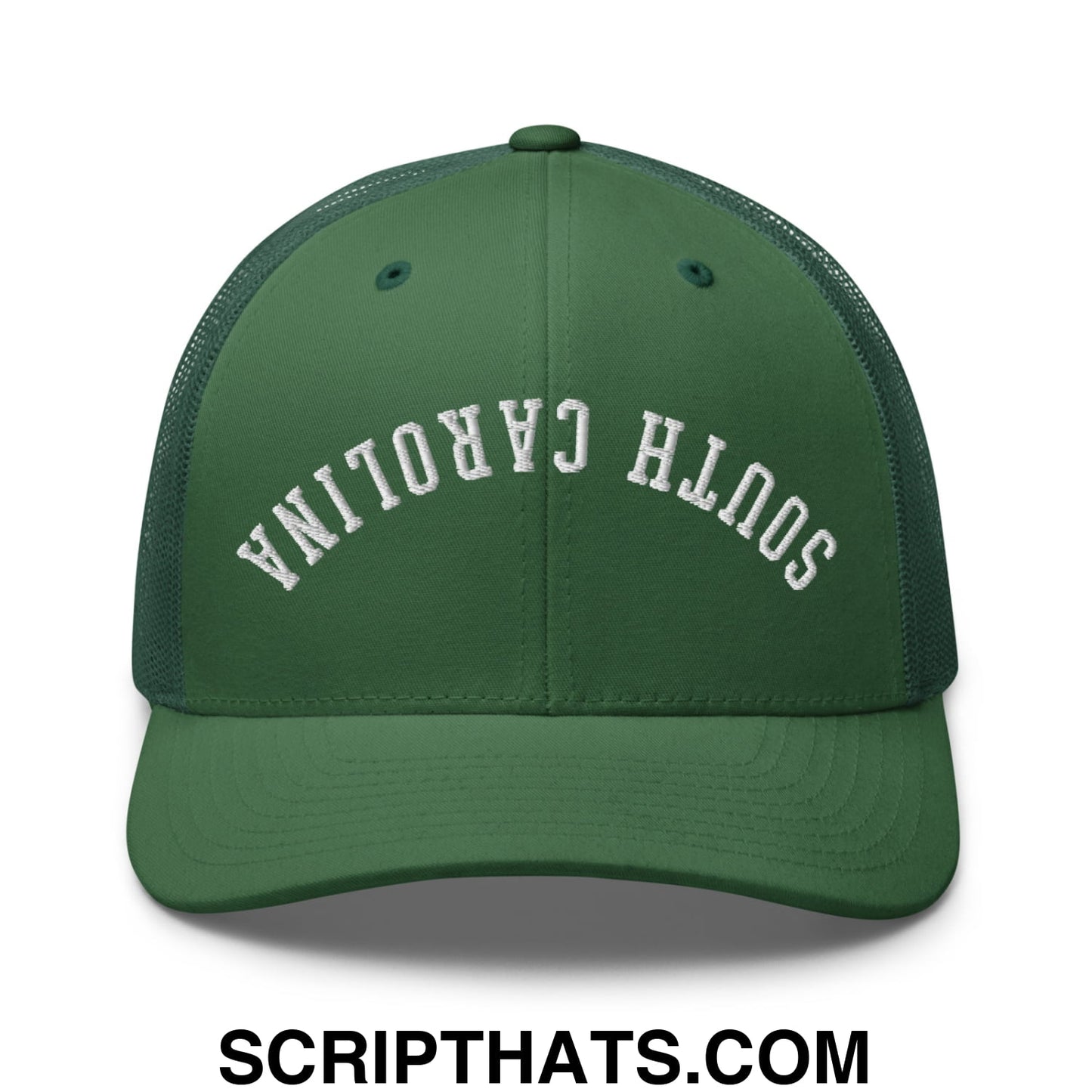 Green mesh trucker hat with white embroidered south carolina text on front in upside down design