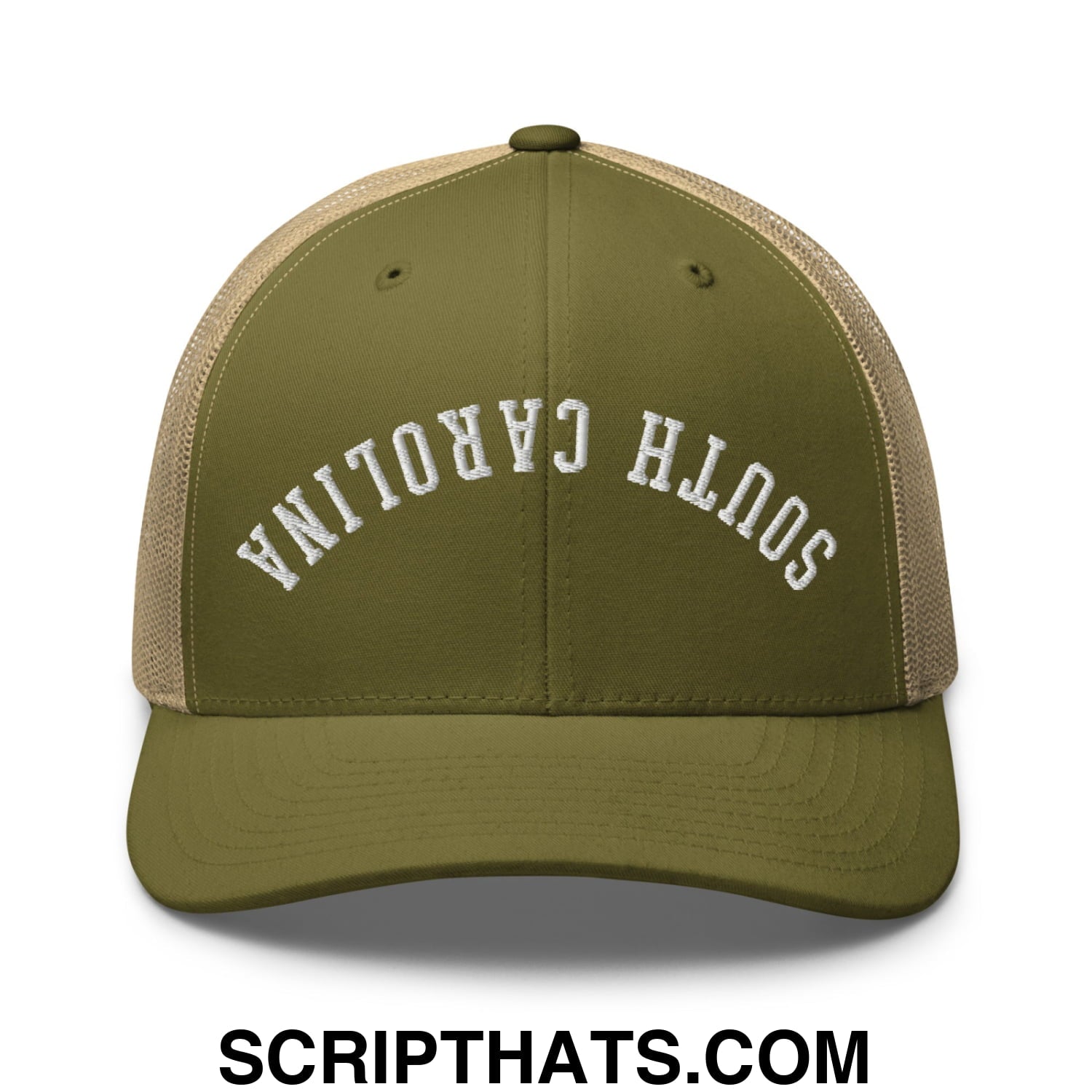 Olive green and tan mesh trucker hat with upside down south carolina embroidered in white arched lettering