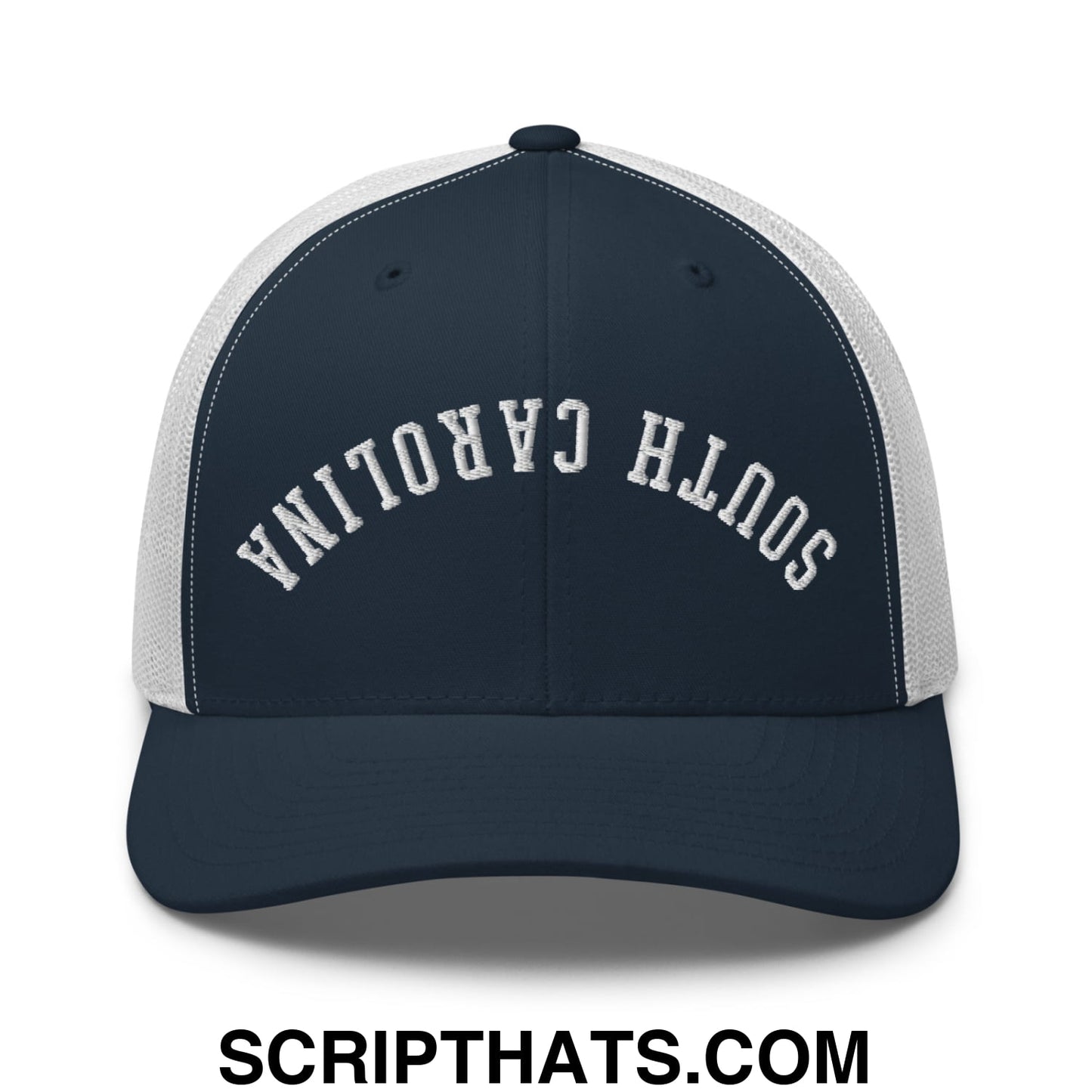 Navy blue and white mesh trucker hat with upside down south carolina embroidered in arched white lettering