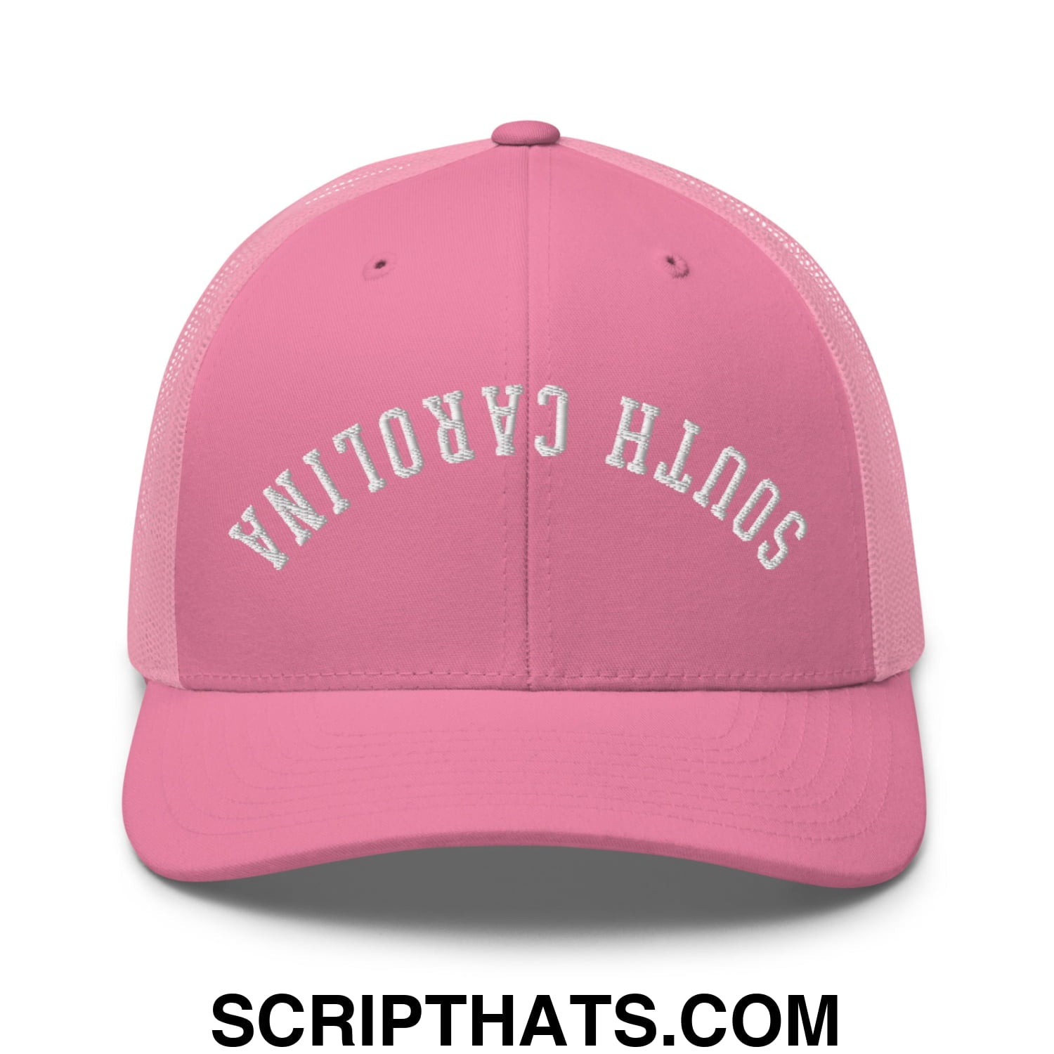 Pink mesh trucker hat with white embroidered south carolina lettering featuring upside down design