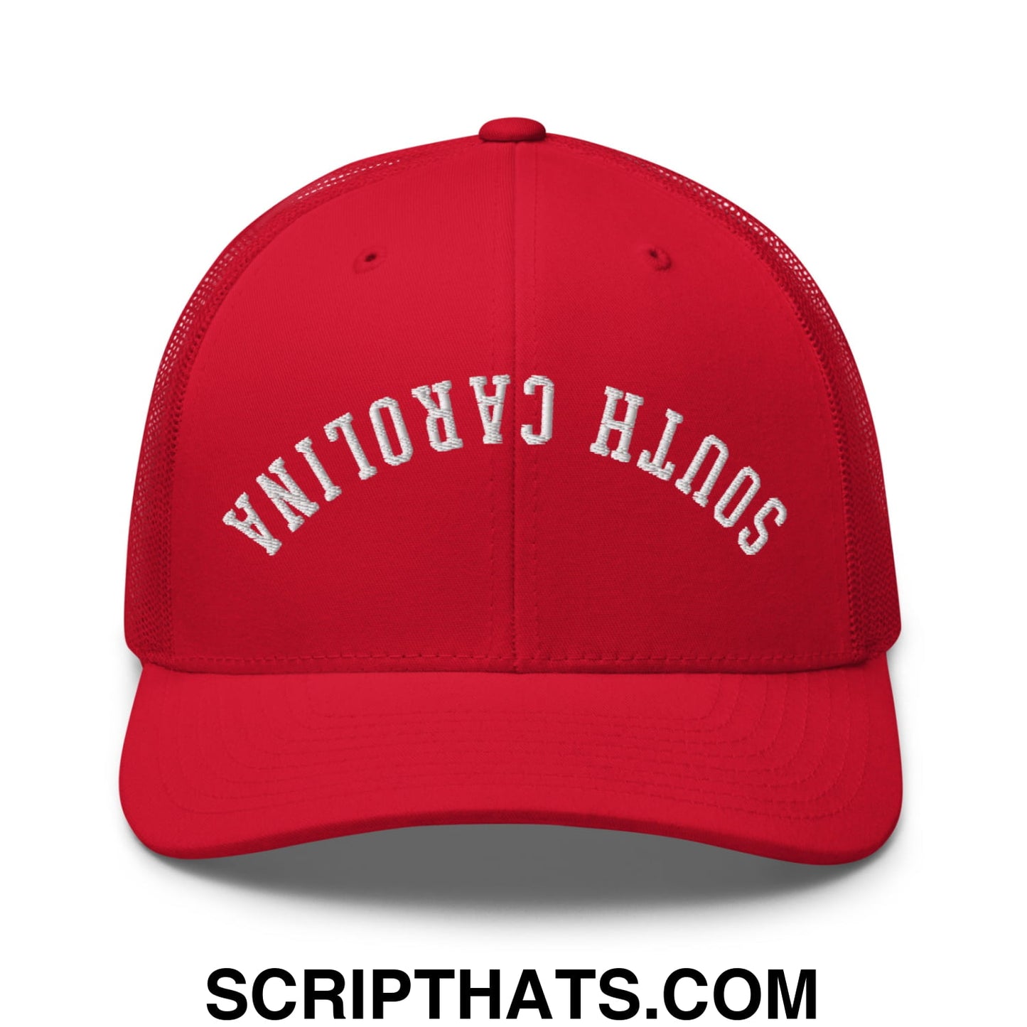 Red mesh trucker hat with white embroidered south carolina text and upside down design on front panel