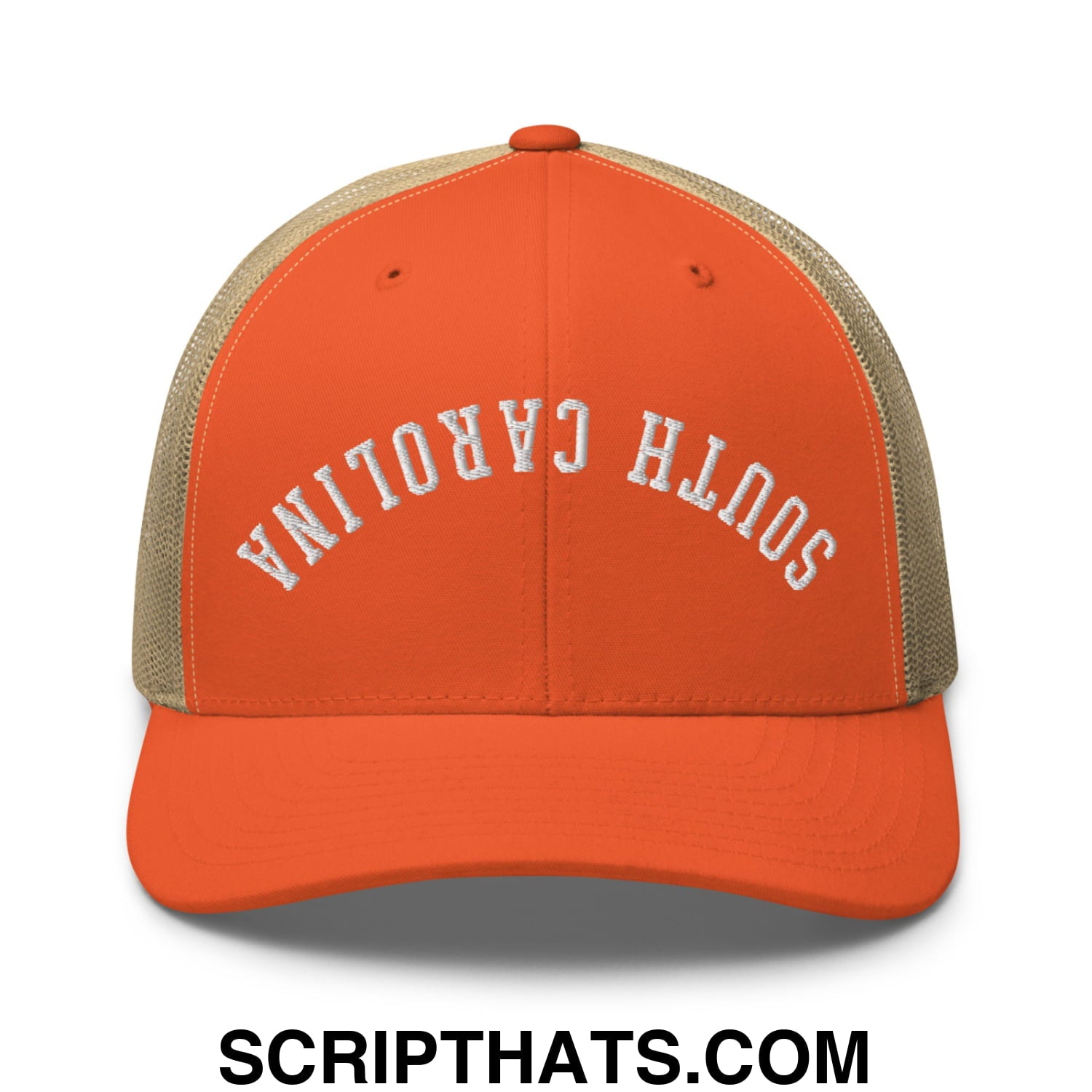 Orange and beige mesh trucker hat with south carolina embroidered in white arched lettering upside down design