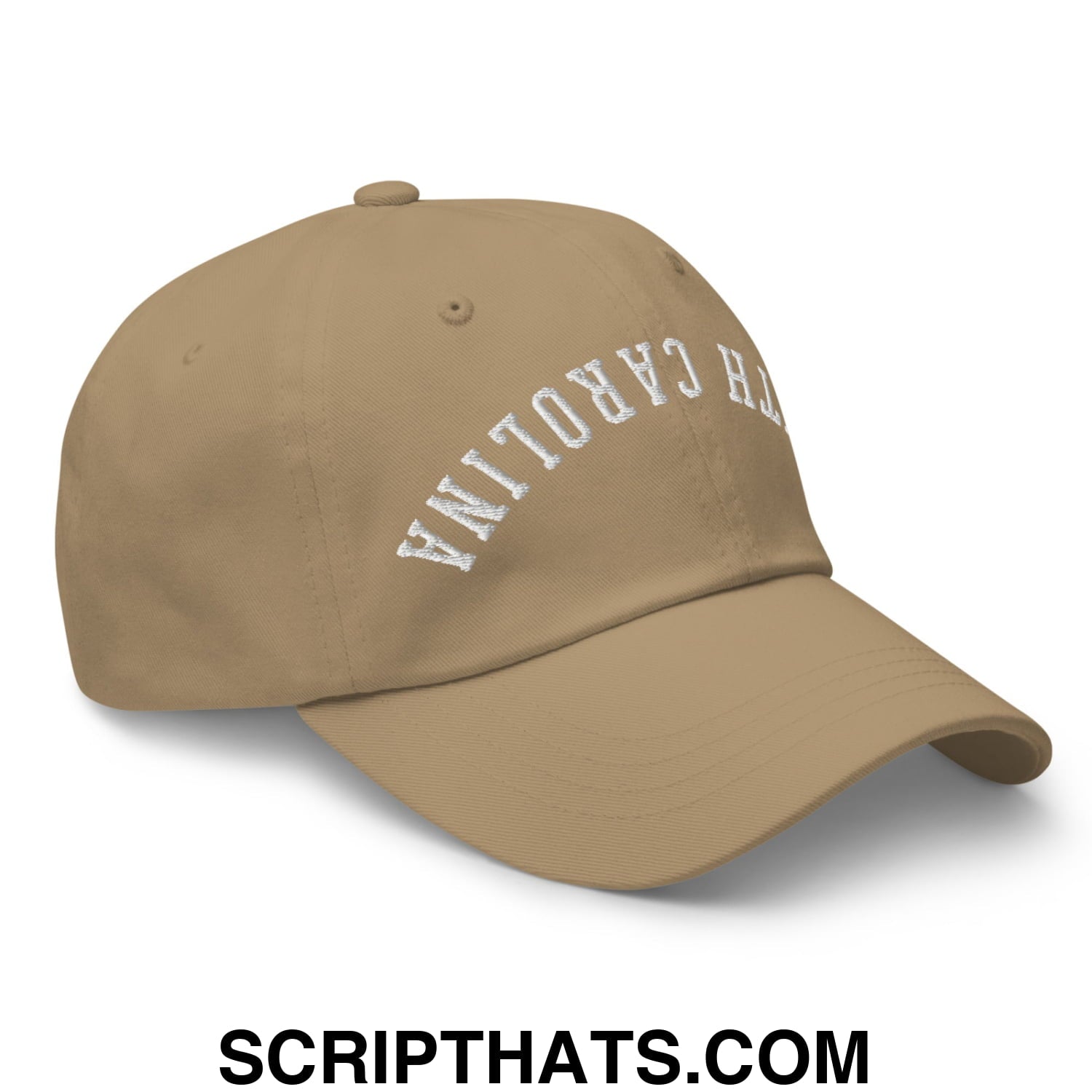 Beige unstructured dad hat with white embroidered the carolina arch featuring upside down south carolina design